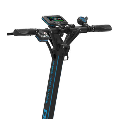 Close-up of a scooter handlebar with control panel on a white background