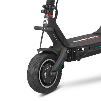 Close-up of a black electric scooter with visible branding on a white background