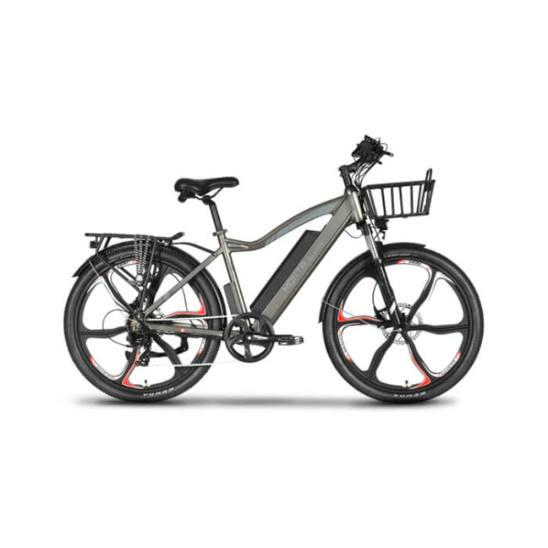 Gray electric bicycle with a basket on a white background