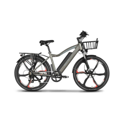 Gray electric bicycle with a basket on a white background