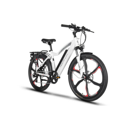 White electric bicycle with black components on a white background