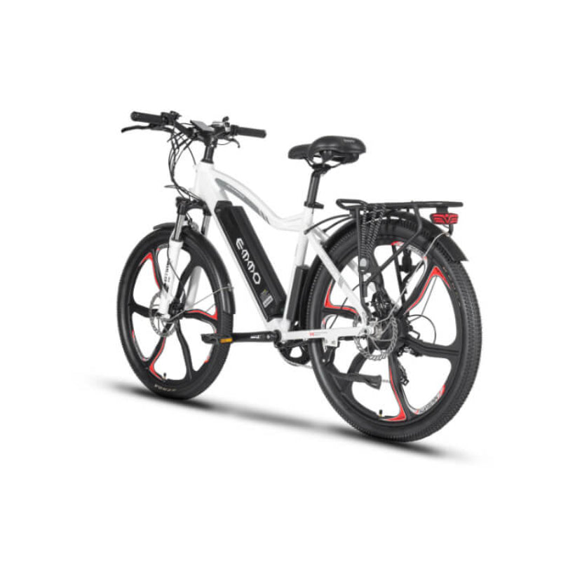 White electric bicycle with black wheels on a white background