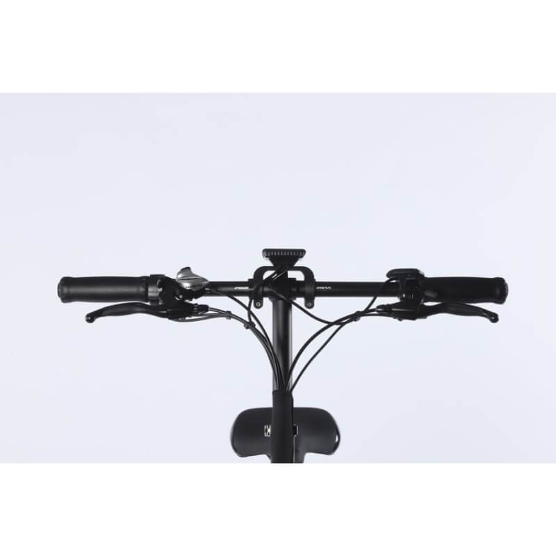 Black bicycle handlebar with brake levers on a light gray background