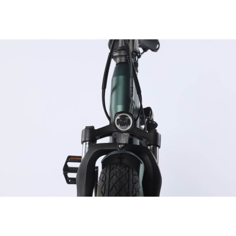Close-up of a bicycle's front wheel and frame on a light gray background