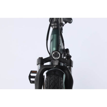Close-up of a bicycle's front wheel and frame on a light gray background