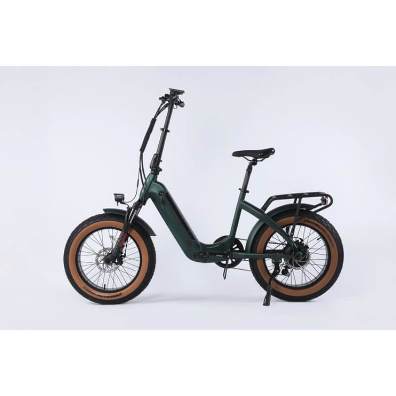 Green electric bike with brown tires on a white background