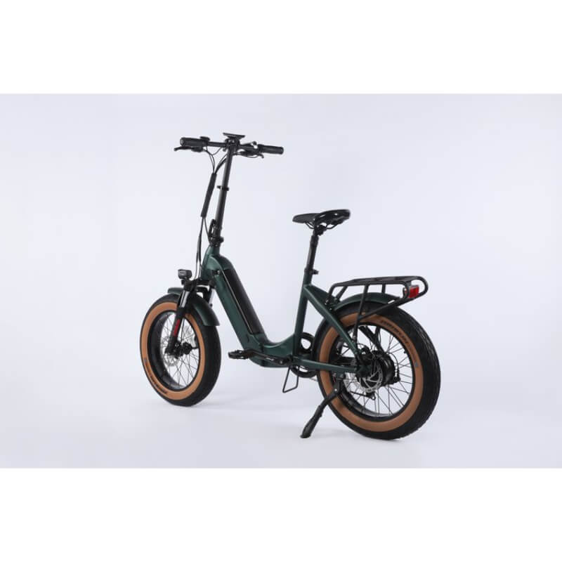 Green electric bike with brown tires on a white background