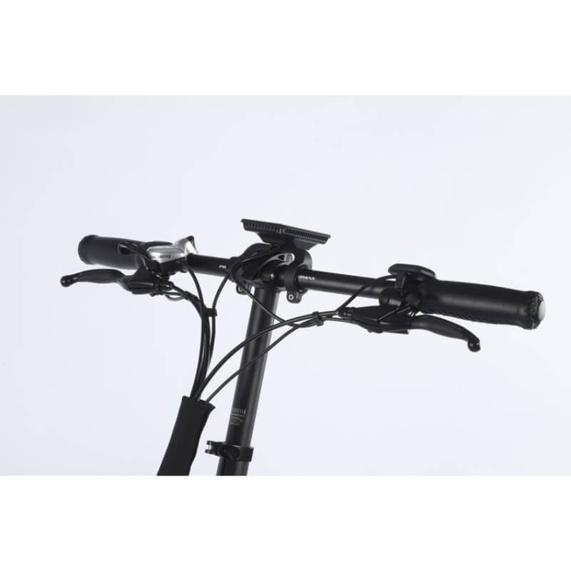 Close-up of a bicycle handlebar with black grips and brake levers on a light gray background
