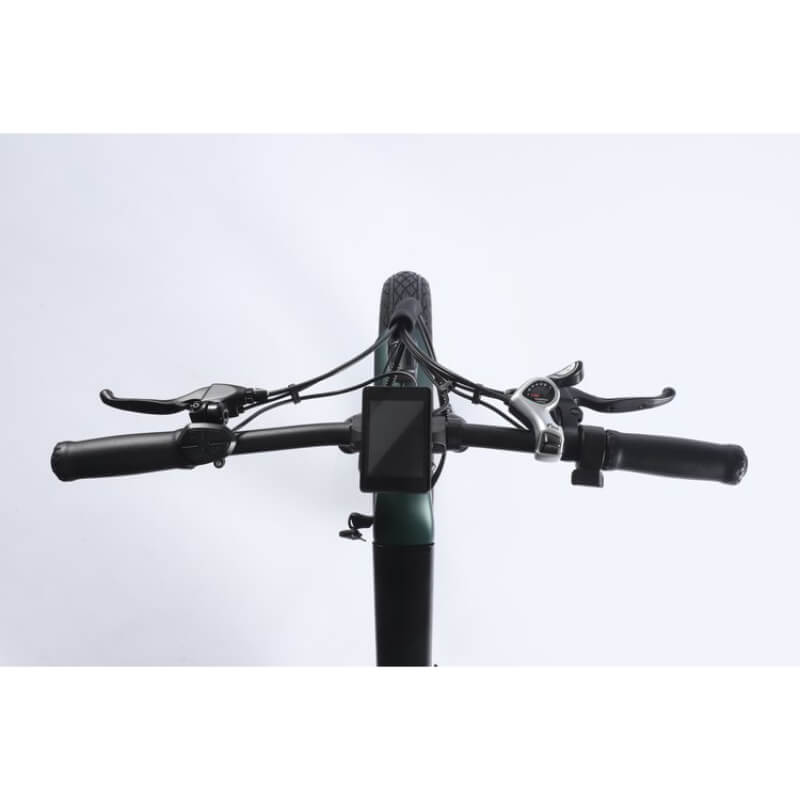 Close-up of a bicycle handlebar with control levers on a light gray background