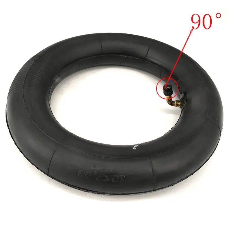 Black inner tube with valve on a white background, showing a red arrow indicating '90°'.