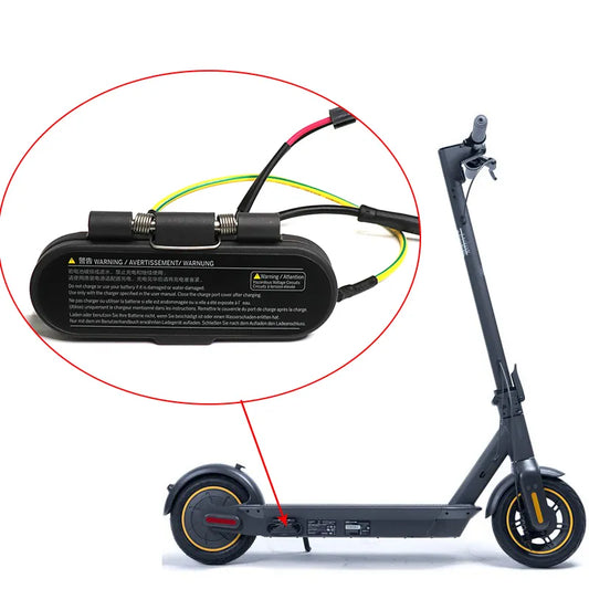 Electric scooter with close-up of battery pack on a white background