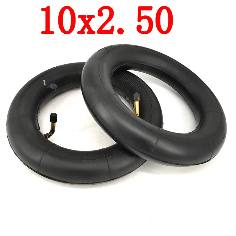 Two black inner tubes with valve stem on a white background, labeled '10x2.50'.