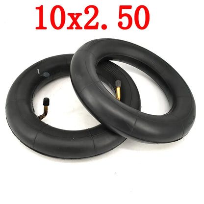 Two black inner tubes with valve stem on a white background, labeled '10x2.50'.