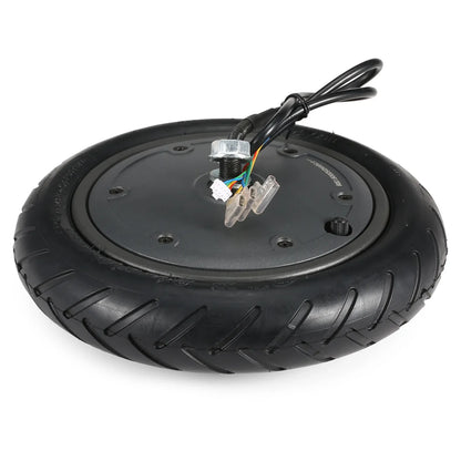 Black wheel with tire and wiring on a white background