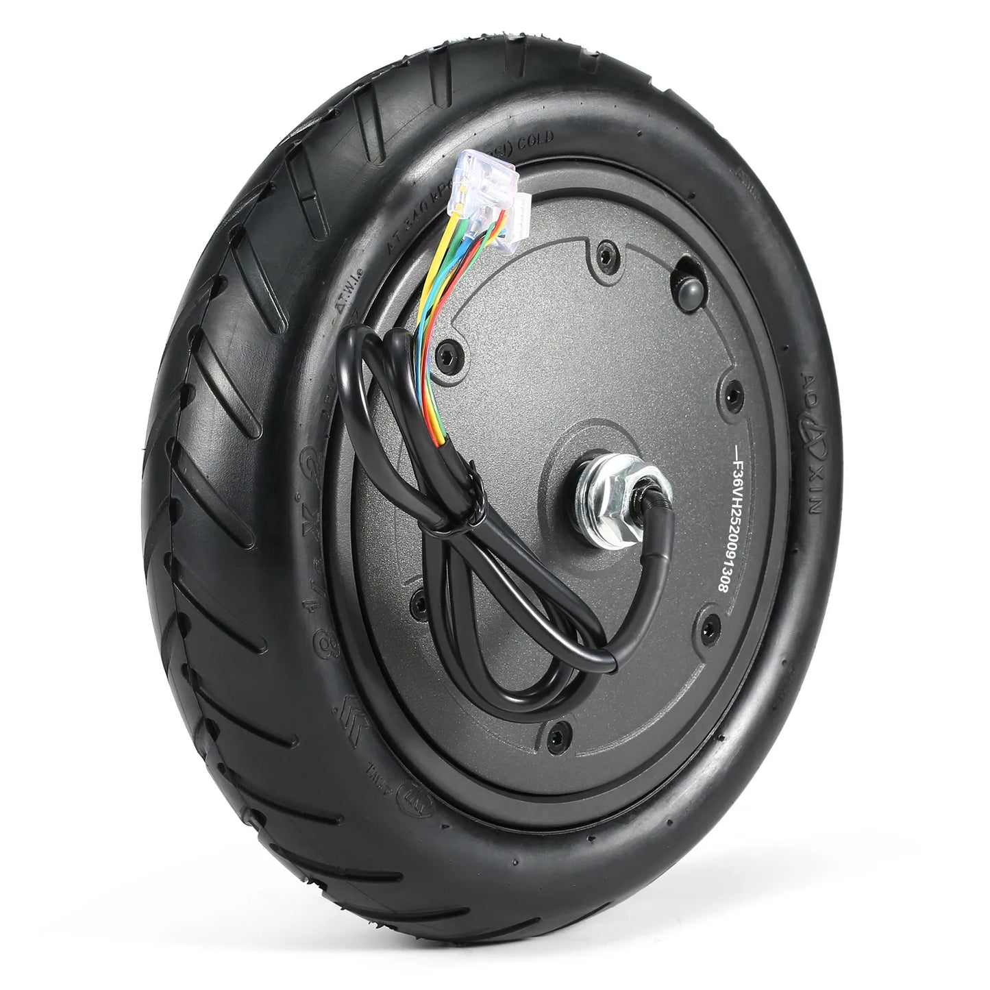 Motorized wheel with tire on a white background