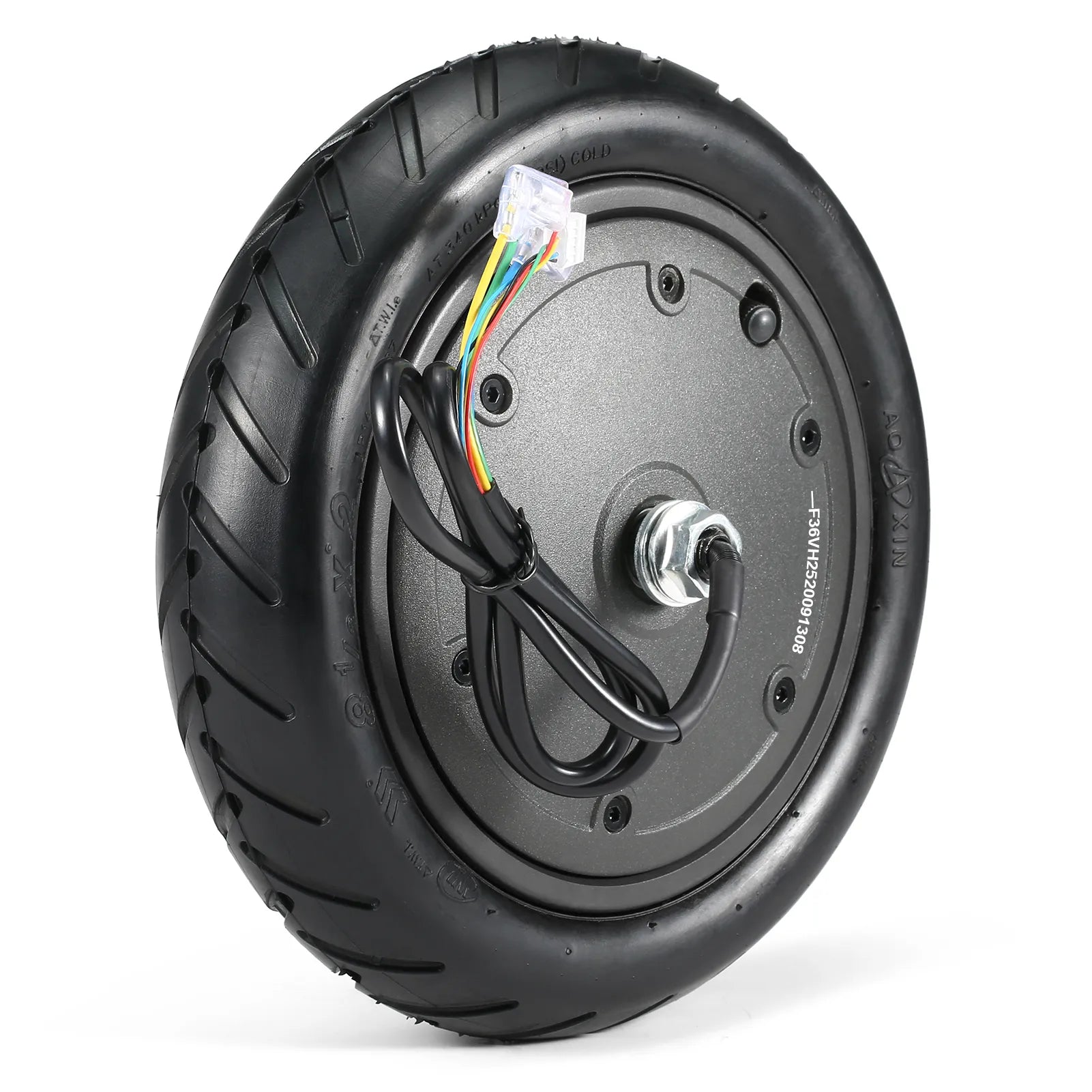 Motorized wheel with tire on a white background