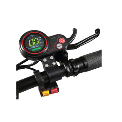 Digital display and control panel on a bicycle handlebar with various buttons and indicators.