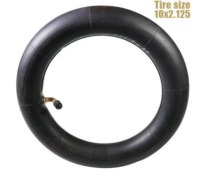 Black inner tube with valve on a white background, displaying tire size 10x2.125.
