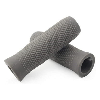Pair of gray textured bicycle handlebar grips on a white background