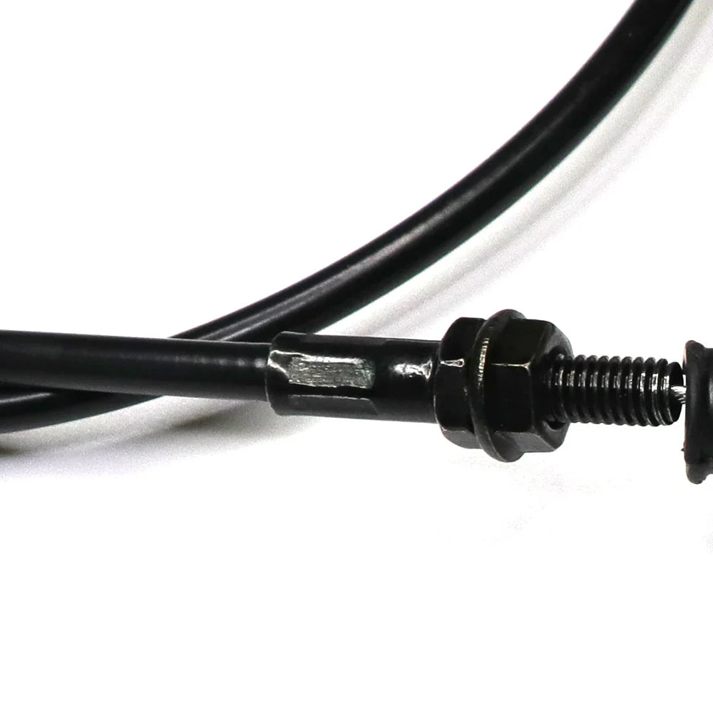 Close-up of a black metal cable with a bolt on a white background