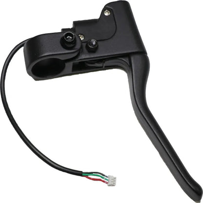 Black motorcycle brake lever with wiring on a white background