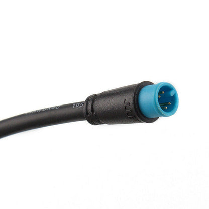 Black cable with a blue connector on a white background
