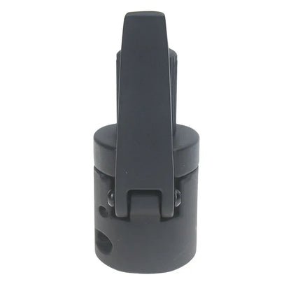 Black plastic component on a white background