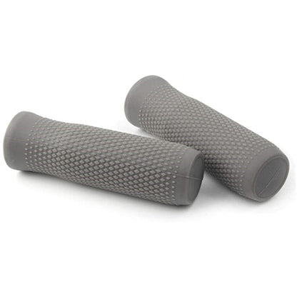 Pair of gray textured bicycle handlebar grips on a white background