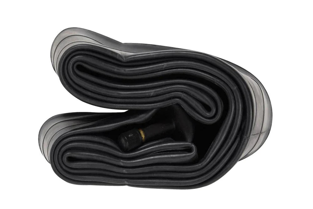Coiled bicycle inner tube on a white background