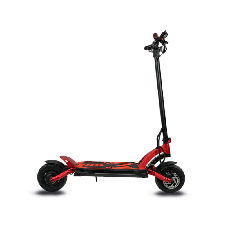 Red and black electric scooter on a white background