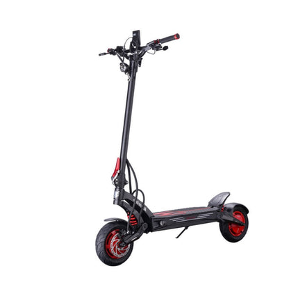 Black electric scooter with red accents on a white background