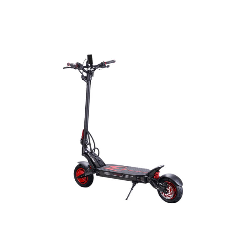 Black electric scooter with red wheels on a white background