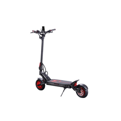 Black electric scooter with red wheels on a white background