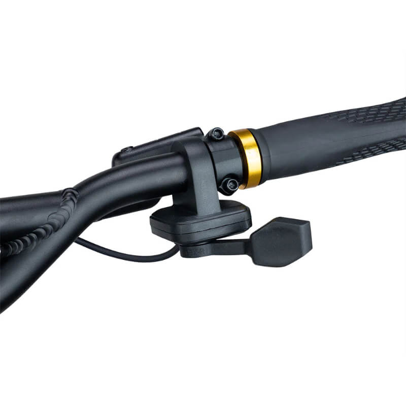 Close-up of a motorcycle handlebar with a black grip and gold accent on a white background