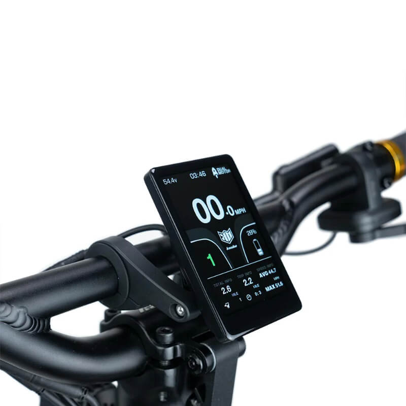 Digital display on a bicycle handlebar with various metrics.