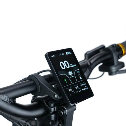 Digital display on a bicycle handlebar with various metrics.