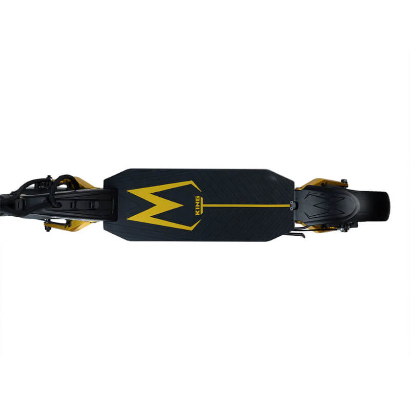 Black and yellow electric scooter deck with a brand logo on a white background