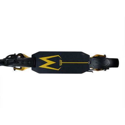 Black and yellow electric scooter deck with a brand logo on a white background