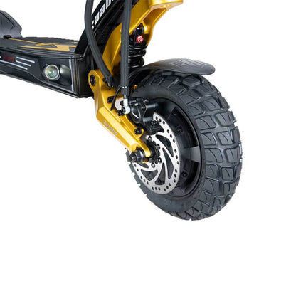 Close-up of a yellow electric scooter's wheel on a white background
