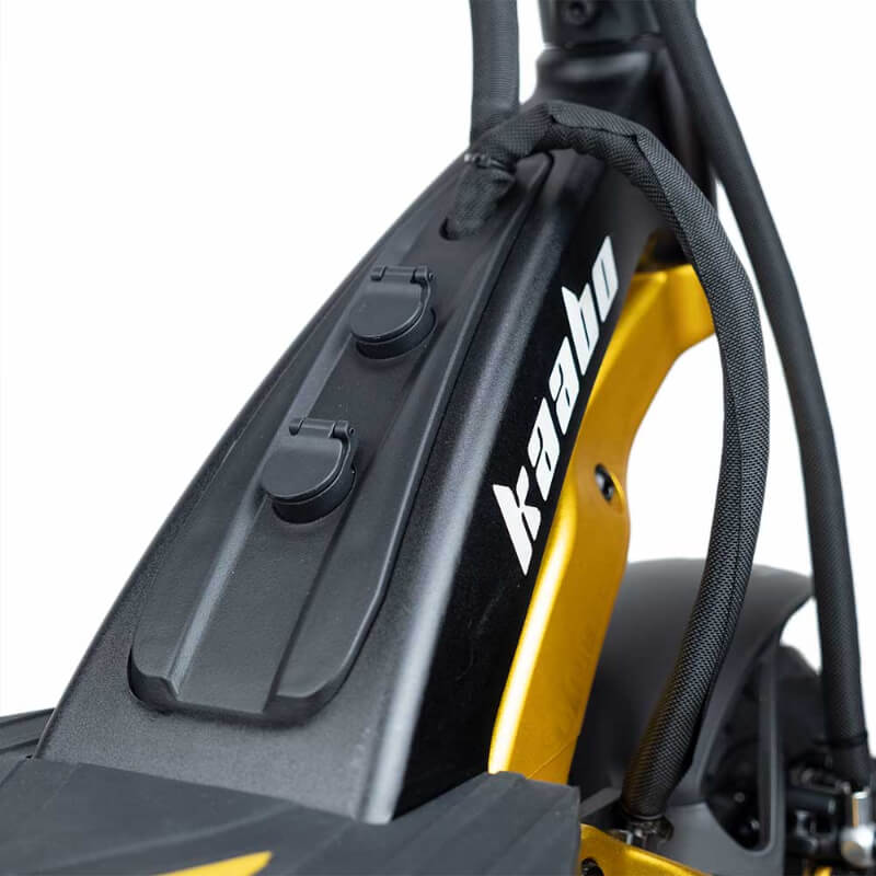 Close-up of a Kaabo bike frame with branding on a white background