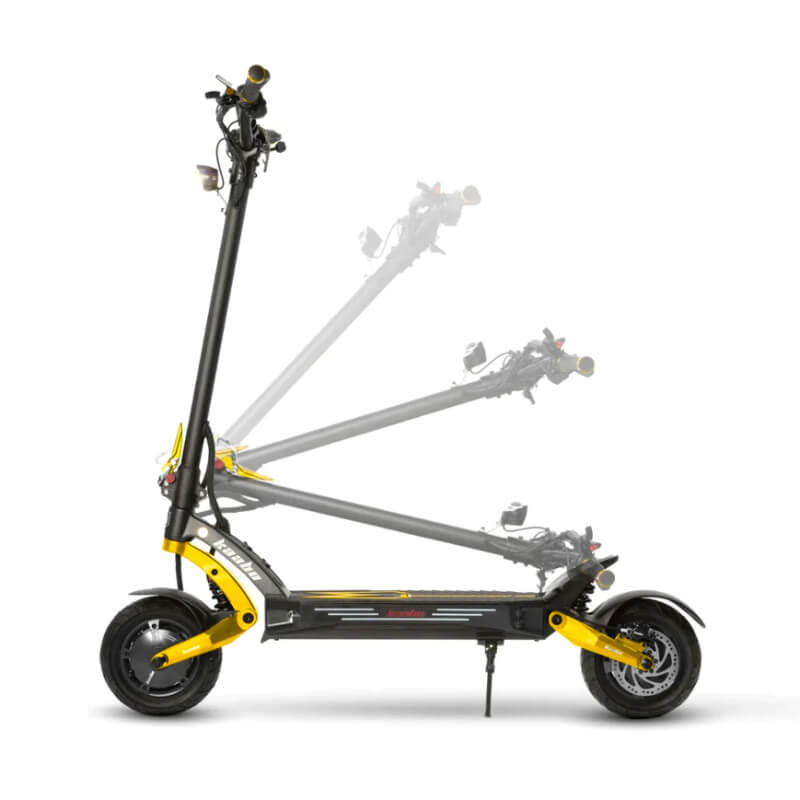 Folding electric scooter with yellow accents on a white background
