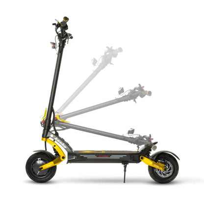 Folding electric scooter with yellow accents on a white background