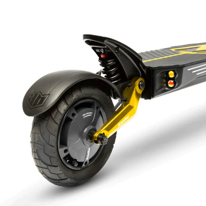 Close-up of a scooter wheel and suspension system on a white background