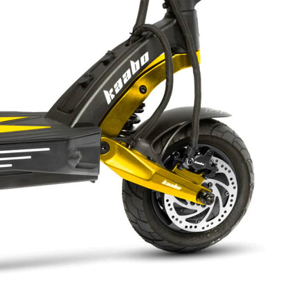 Close-up of a yellow and black scooter with 'kaabo' branding on a white background
