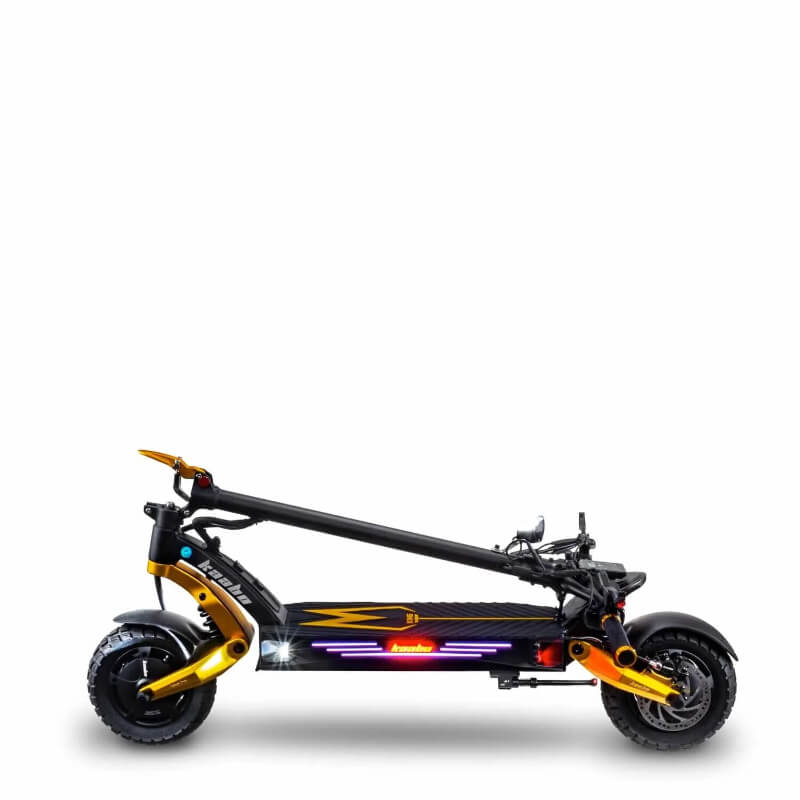 Black electric scooter with colorful accents on a white background