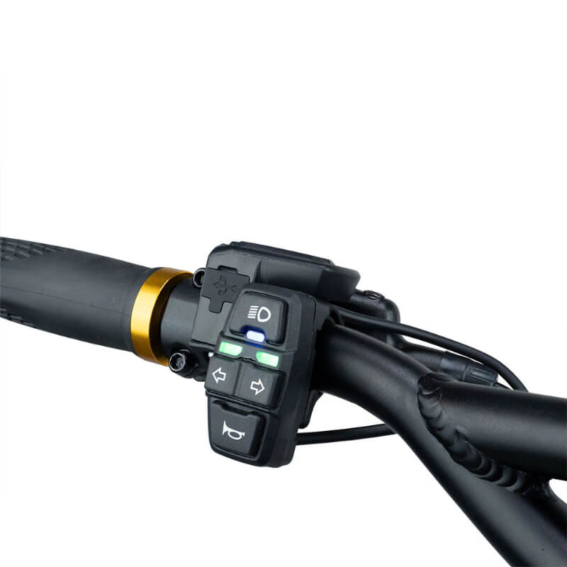 Close-up of a motorcycle handlebar control panel with illuminated buttons on a white background