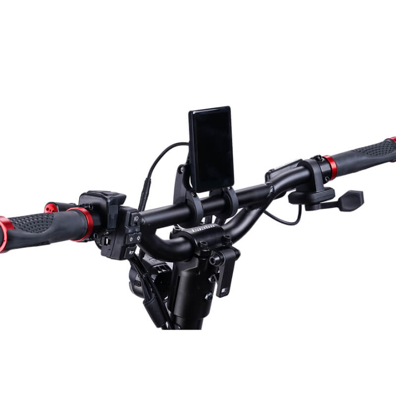 Motorcycle handlebar with a mounted phone holder on a white background