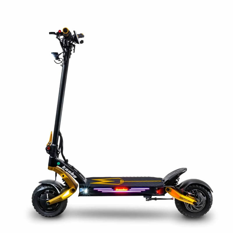 Black electric scooter with colorful accents on a white background