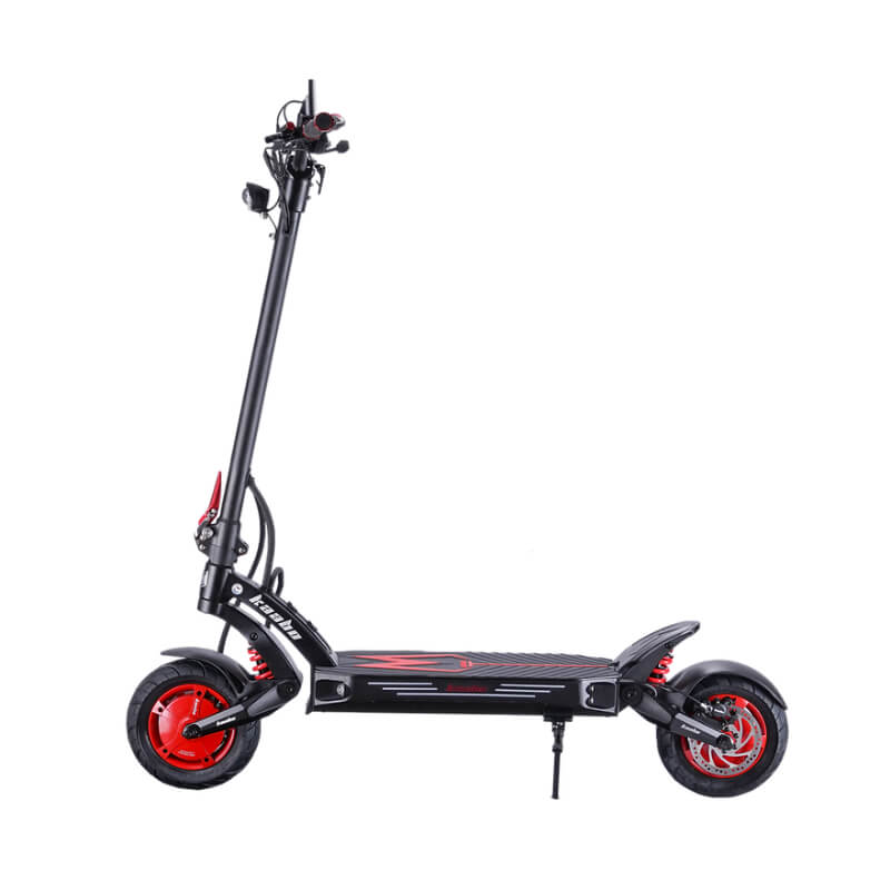 Black electric scooter with red wheels on a white background