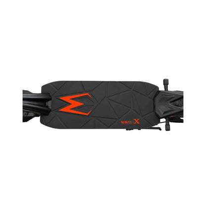 Black and orange electric skateboard with a brand logo on a white background